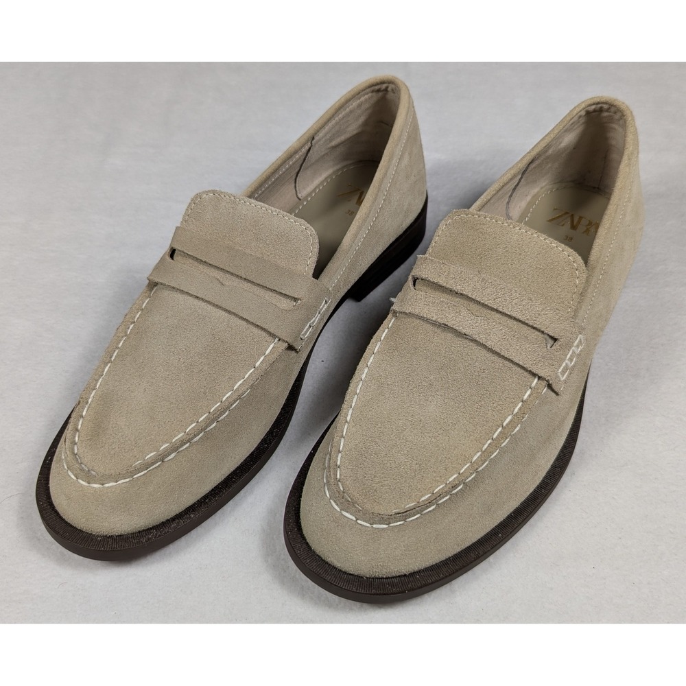 Zara Man Suede Penny Loafers Sand Contrast Stitch Moc Toe Shoes EU 38(US 6)